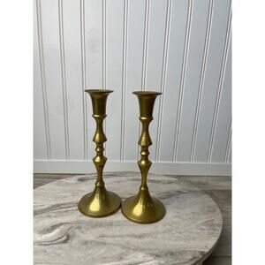 FREE SHIPPING Pair Turned Metal Taper Candle Holders 8.5" Bronze MCM